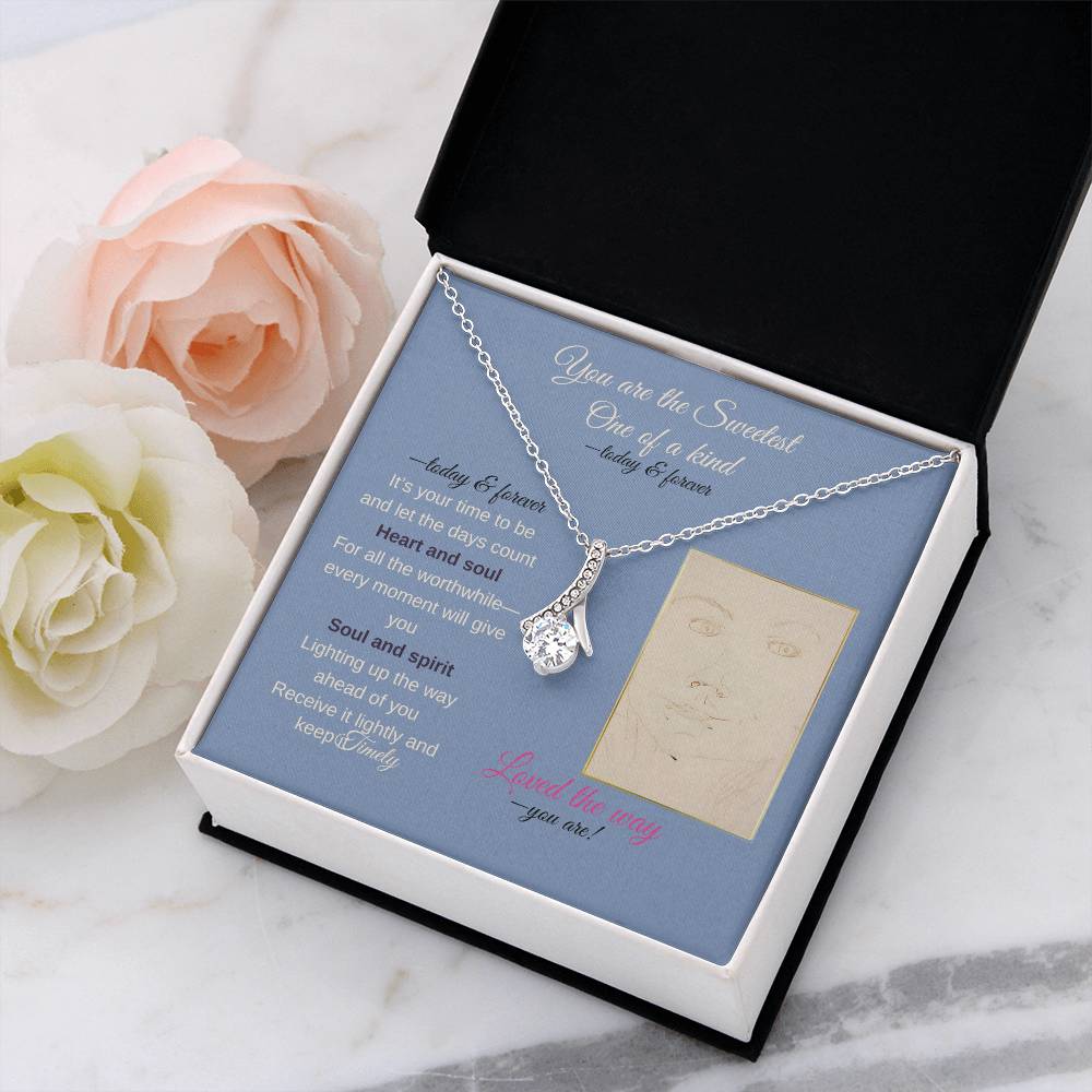 To my daughter message card with alluring beauty necklace (white gold finish), light flower background - Sheer: your Luck - Sheerluck-art.com