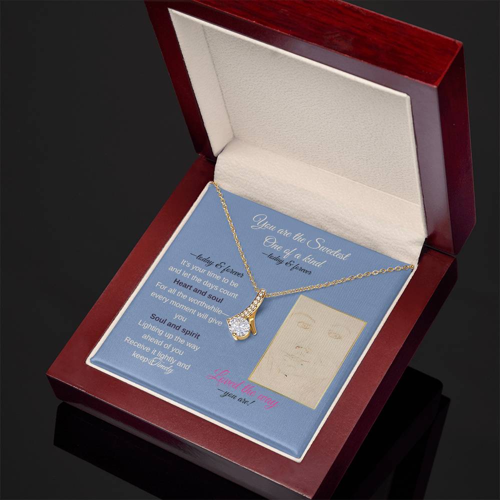 To my daughter message card with alluring beauty necklace (18k yellow gold finish), in Mahogany style luxury box, black background - Sheer: your Luck - Sheerluck-art.com