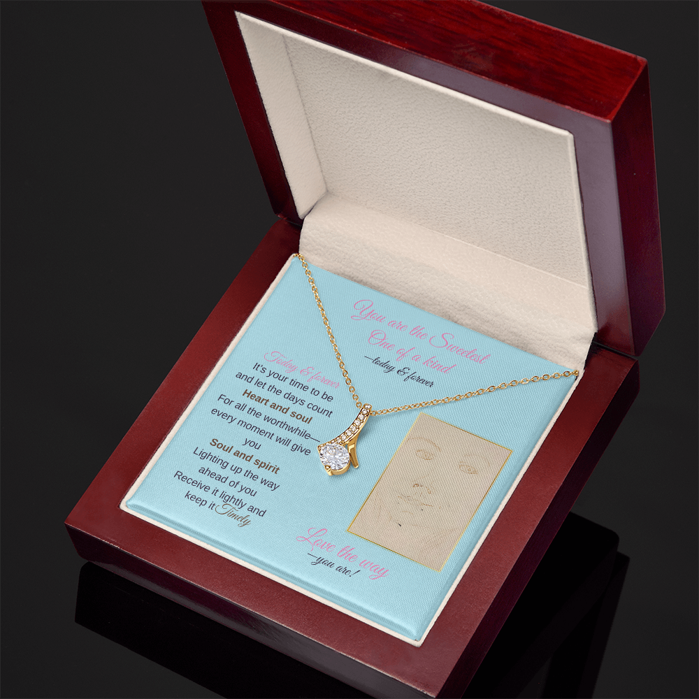 To my daughter message card with alluring beauty necklace (18k yellow gold finish), in Mahogany style luxury box, black background - Sheer: your Luck - Sheerluck-art.com