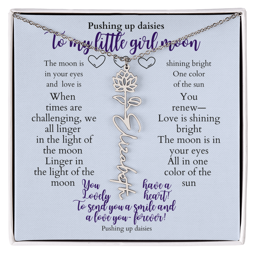 To my daughter with message card and flower name necklace, polished stainless steal (february) - Sheer: your Luck - Sheerluck-art.com