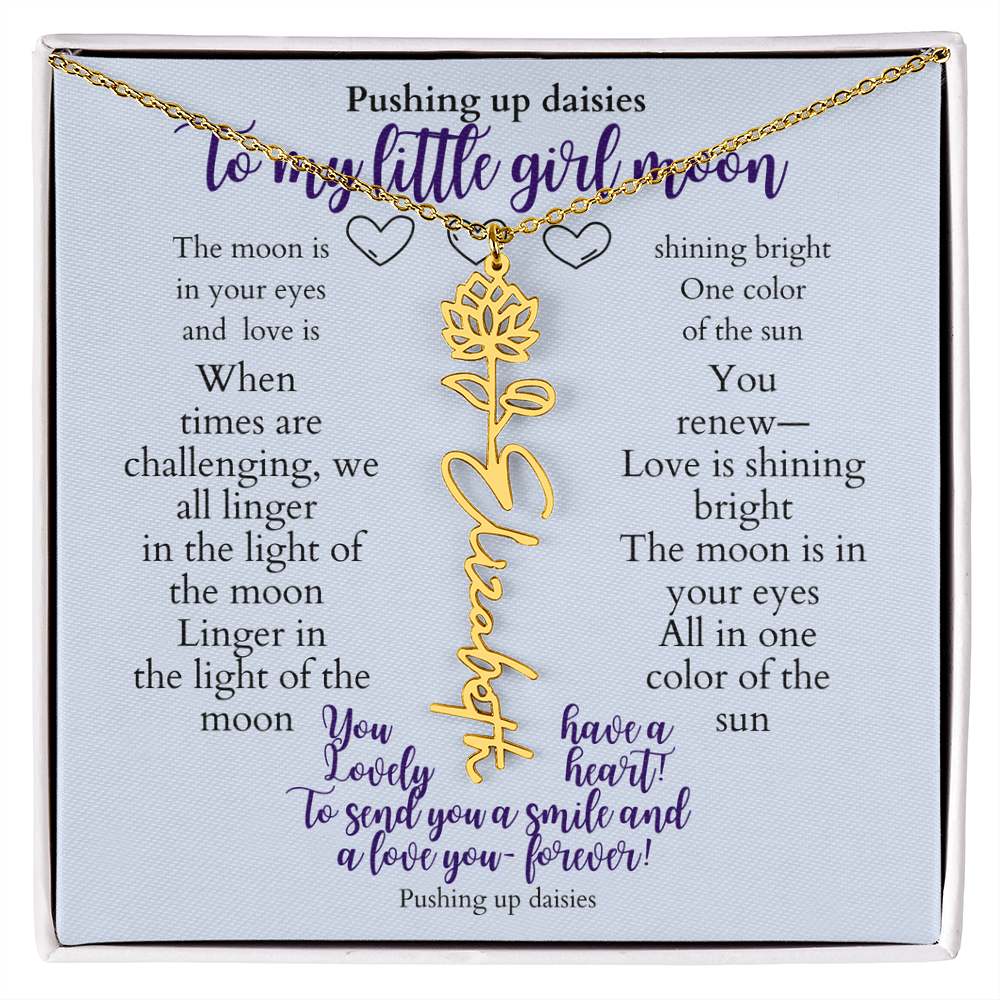 To my daughter with message card and flower name necklace, 18k yellow gold finish (february) - Sheer: your Luck - Sheerluck-art.com