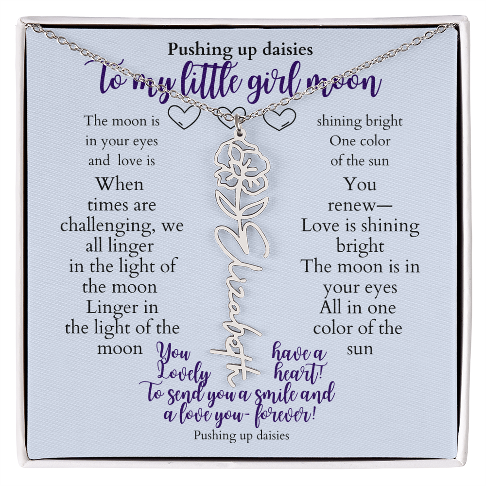 To my daughter with message card and flower name necklace, polished stainless steal (march) - Sheer: your Luck - Sheerluck-art.com