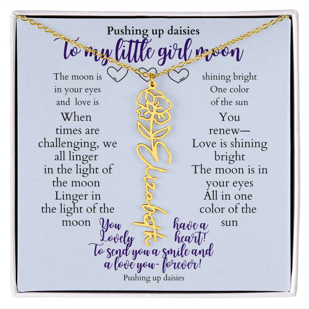 To my daughter with message card and flower name necklace, 18k yellow gold finish (march) - Sheer: your Luck - Sheerluck-art.com