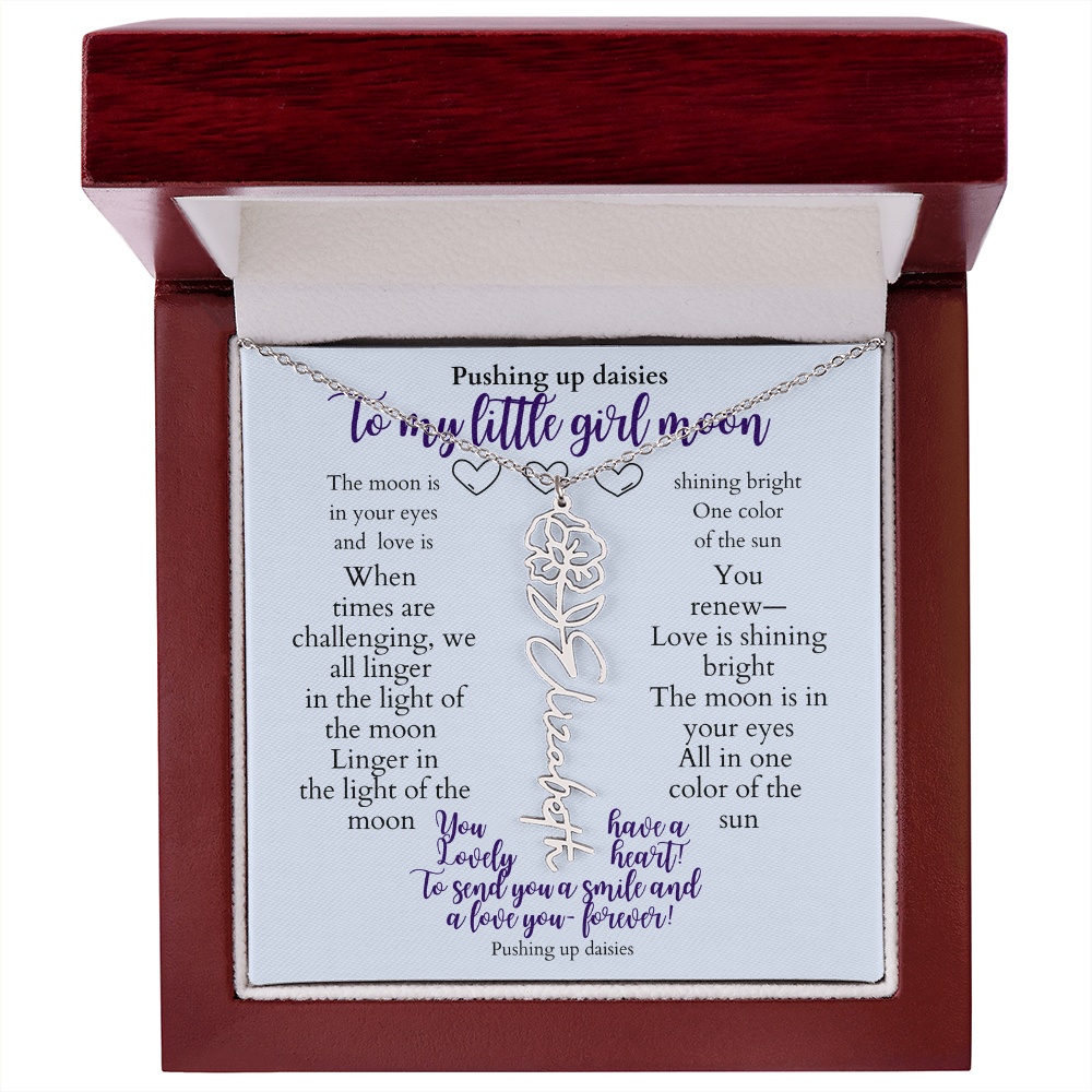 To my daughter with message card and flower name necklace, polished stainless steal, in Mahogany style luxury box (march) - Sheer: your Luck - Sheerluck-art.com