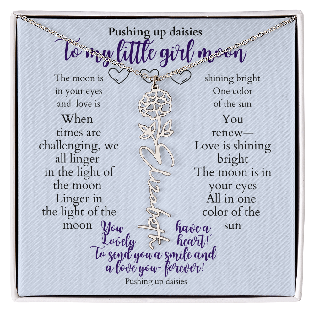 To my daughter with message card and flower name necklace, polished stainless steal (july) - Sheer: your Luck - Sheerluck-art.com
