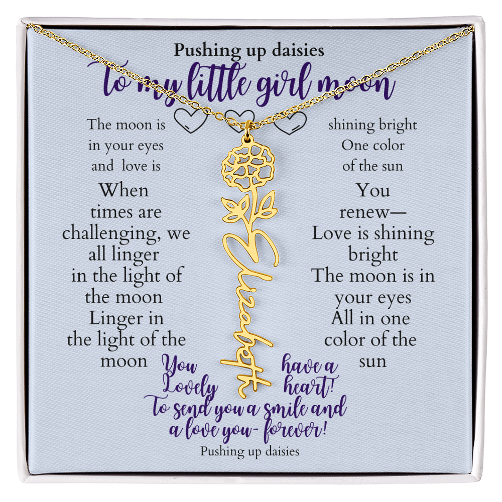 To my daughter with message card and flower name necklace, 18k yellow gold finish (july) - Sheer: your Luck - Sheerluck-art.com