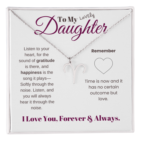 To my daughter with message card and zodiac name necklace, polished stainless steal (aries) - Sheer: your Luck - Sheerluck-art.com