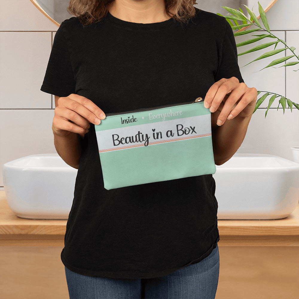 Small zippered pouch for makeup or other small stuff, woman holding it up front - Sheer: your Luck - Sheerluck-art.com